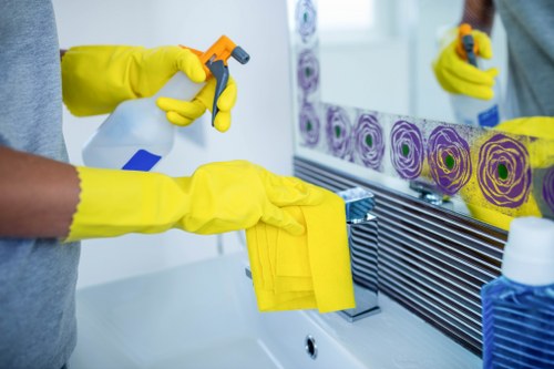 Turnover cleaning tasks in a Ruislip apartment kitchen and living area