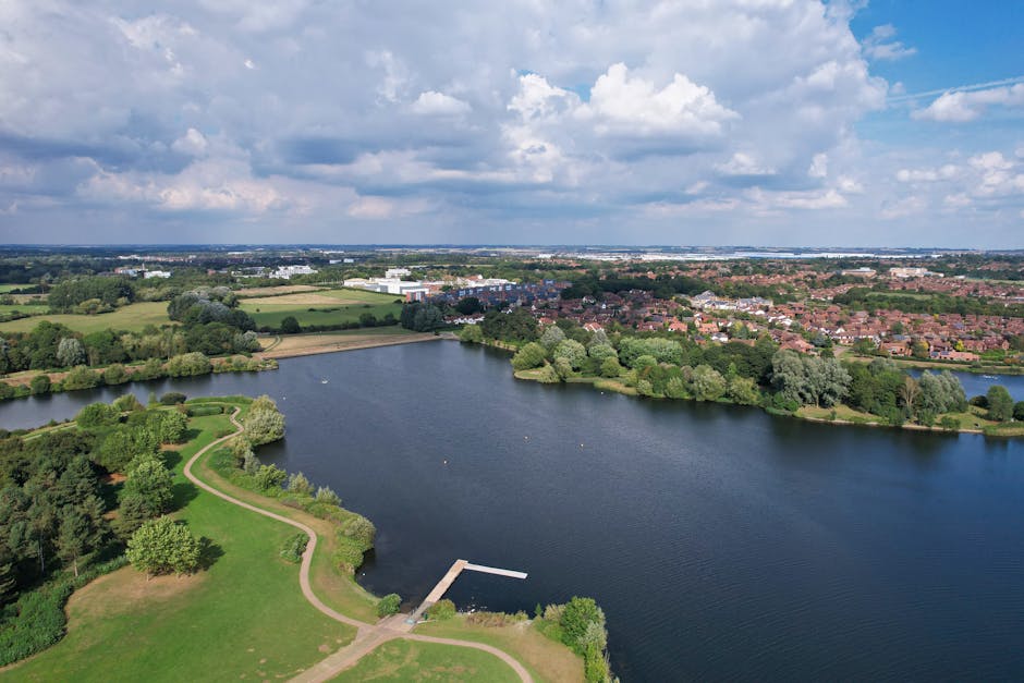 An aerial view of Ruislip Lido with a large, irregularly shaped lake surrounded by dense woodland. The lake features a central island covered with trees, and sandy shorelines contrast with the dark gr